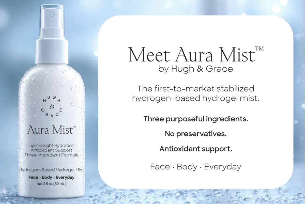 A serene image of a woman gently misting her face with Aura Mist, surrounded by soft, natural light, symbolizing daily wellness and a holistic approach to health.