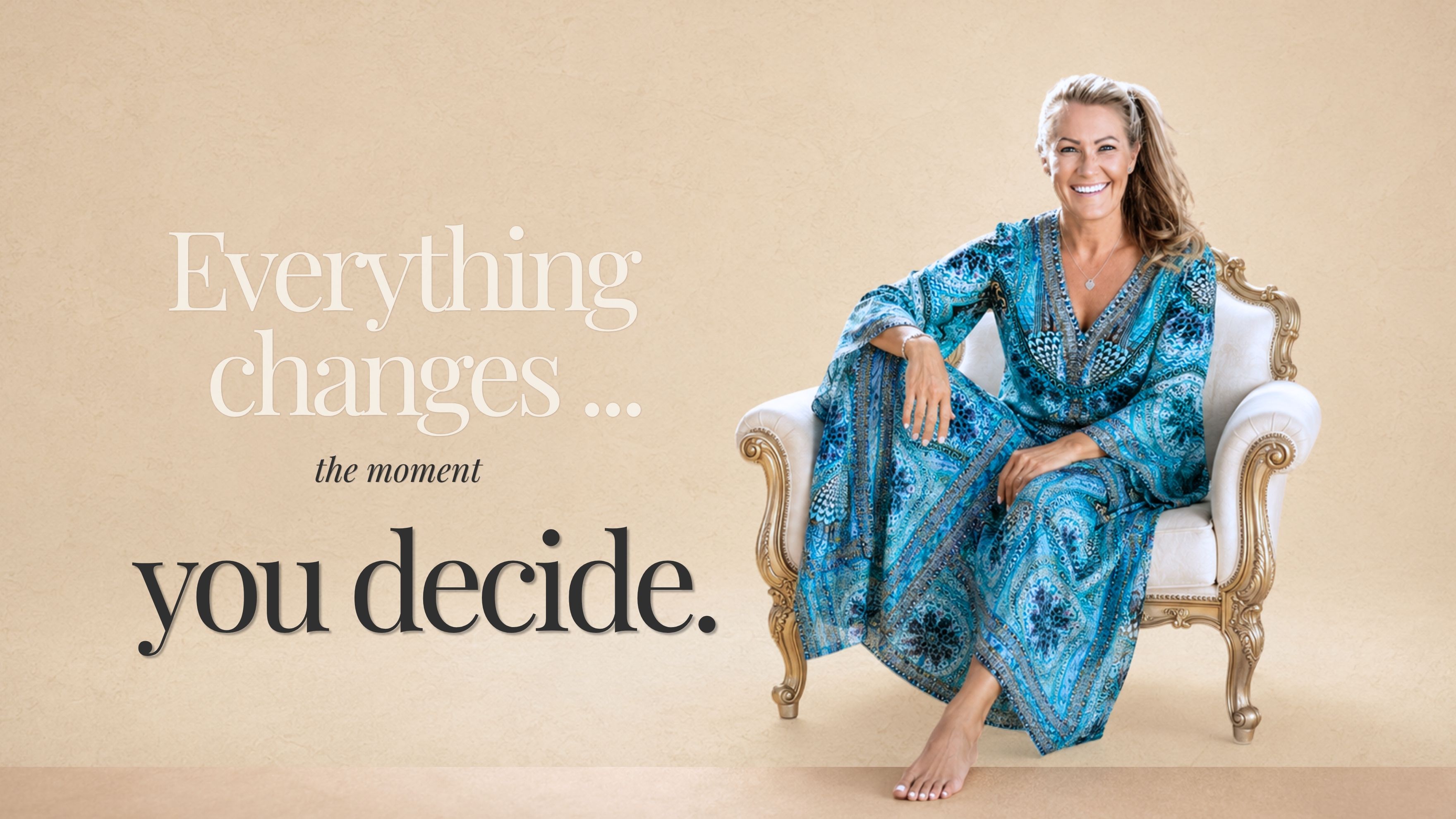 Lee Campbell, #1 Amazon Bestselling Author and creator of Make Yourself EPIC™, seated in an elegant chair with the message "Everything changes... the moment you decide."