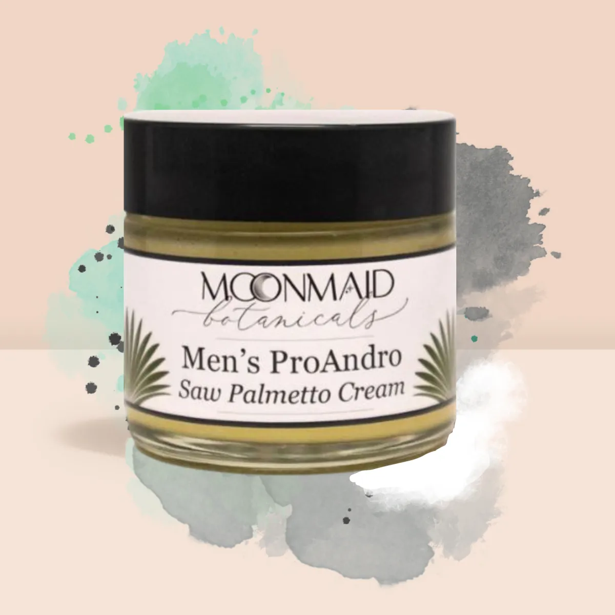 MoonMaid Men's Wild Yam Cream UK jar displayed against a peachy background, enhanced with dynamic splashes of paint for a lively effect.