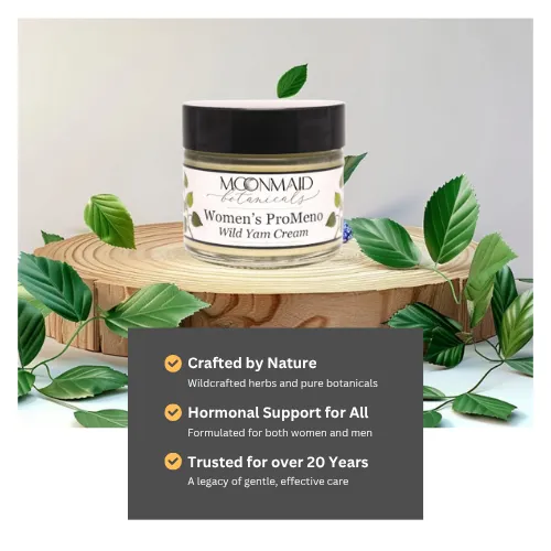 Jar of Women's Moonmaid Wild Yam Cream on a log slice, surrounded by leaves, with text about natural crafting and hormone support for over 20 years.