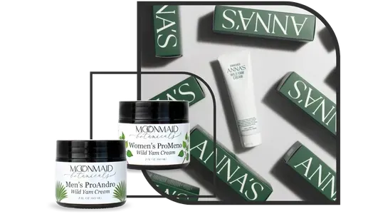 A collection of Anna’s and MoonMaid Botanicals Wild Yam Cream products, including jars for men and women and a white tube, arranged against a modern green and grey background