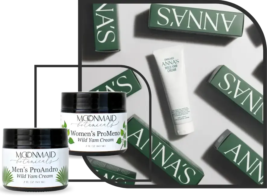 A collection of Anna’s and MoonMaid Botanicals Wild Yam Cream products, including jars for men and women and a white tube, arranged against a modern green and grey background