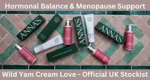 An assortment of Anna’s Wild Yam Cream boxes and pink magnesium spray bottles scattered across a green and pink tiled surface, featuring the text 'Hormonal Balance & Menopause Support - Official UK Stockist.