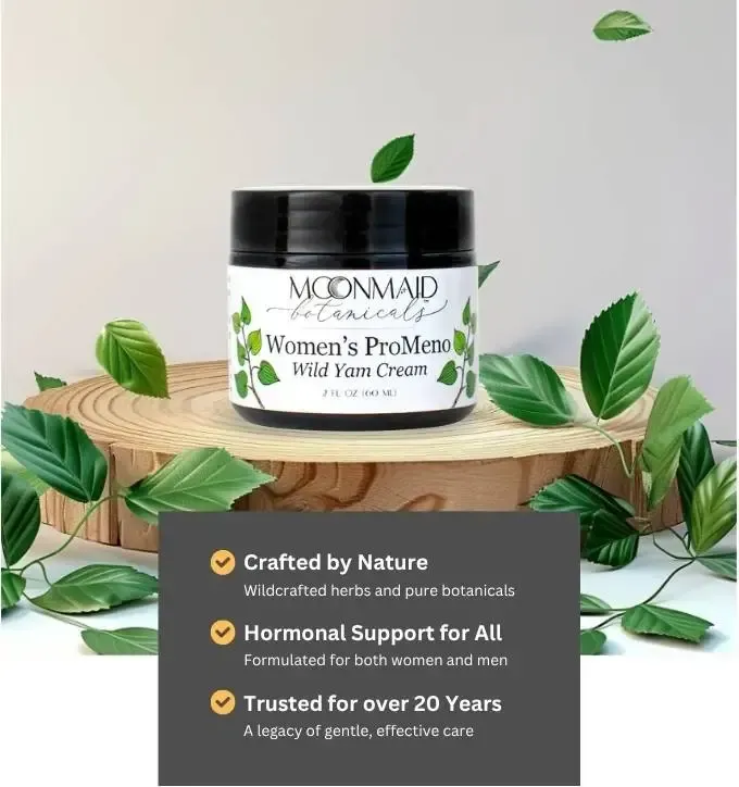 Jar of Women's Moonmaid Wild Yam Cream on a log slice, surrounded by leaves, with text about natural crafting and hormone support for over 20 years.
