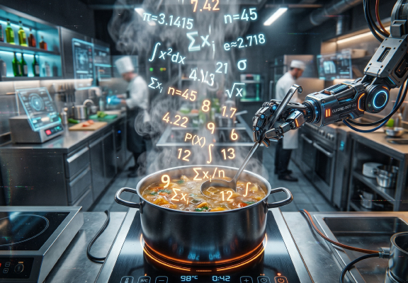 Automated cooking scene with robotic arm and floating equations over a boiling pot, illustrating the unseen effort, time, and trade-offs behind marketing success.