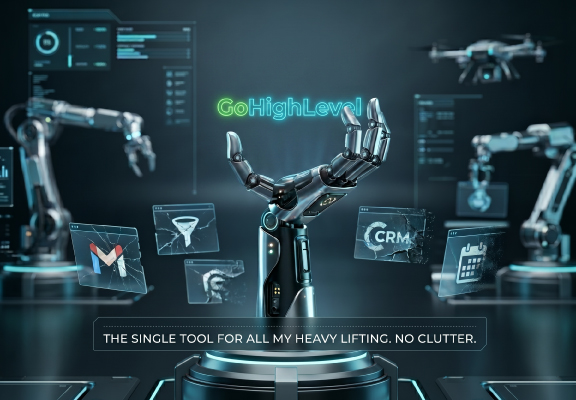 Robot arm crushing cluttered app icons while holding the GoHighLevel logo in a high-tech lab.