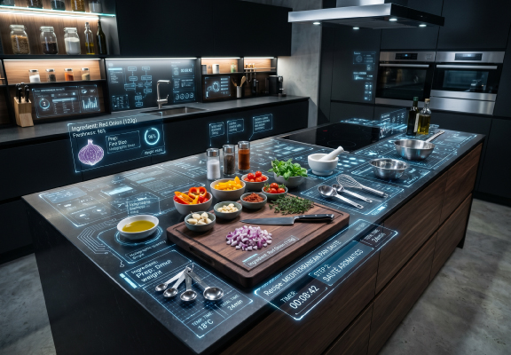 A high-tech kitchen island with holographic data overlays, mapping out recipes and workflows