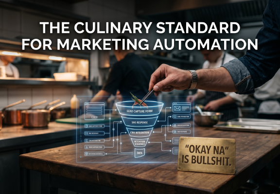 The Digital Mise en Place: A chef integrates a marketing automation funnel into a professional kitchen setting. The image features a holographic CRM and lead capture diagram alongside a sign that says "OKAY NA IS BULLSHIT," representing the shift from manual hustle to automated systems.