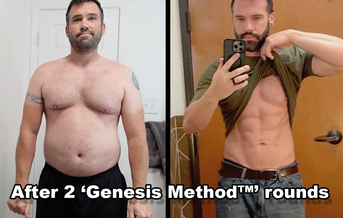 Before and after body transformation of Genesis Method founder, Don-E Harris, proving the system's effectiveness with his own personal results.