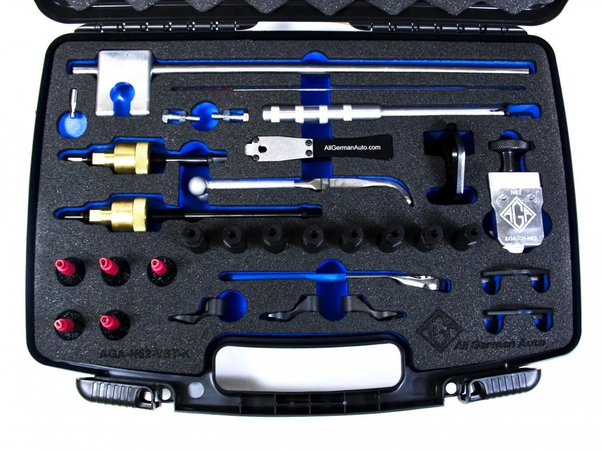 Image of AGA Valve Seal Replacement Tool Kit - a set of tools used for replacing valve seals in BMW N62 engines without removing the heads or cams. The kit includes various specialized tools such as valve seal pliers, seal drivers, and adaptors.
