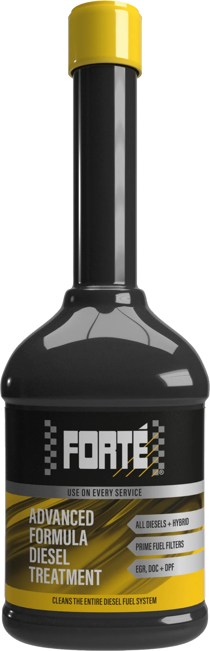 A black bottle with a yellow label and yellow lid containing Forté Advanced Formula Diesel Treatment. This treatment is designed to address drivability concerns caused by combustion by-products and fuel degradation. It cleans and lubricates the entire fuel system both before and after combustion, improving engine power and efficiency while reducing downtime and component replacement in direct and indirect injection engines.