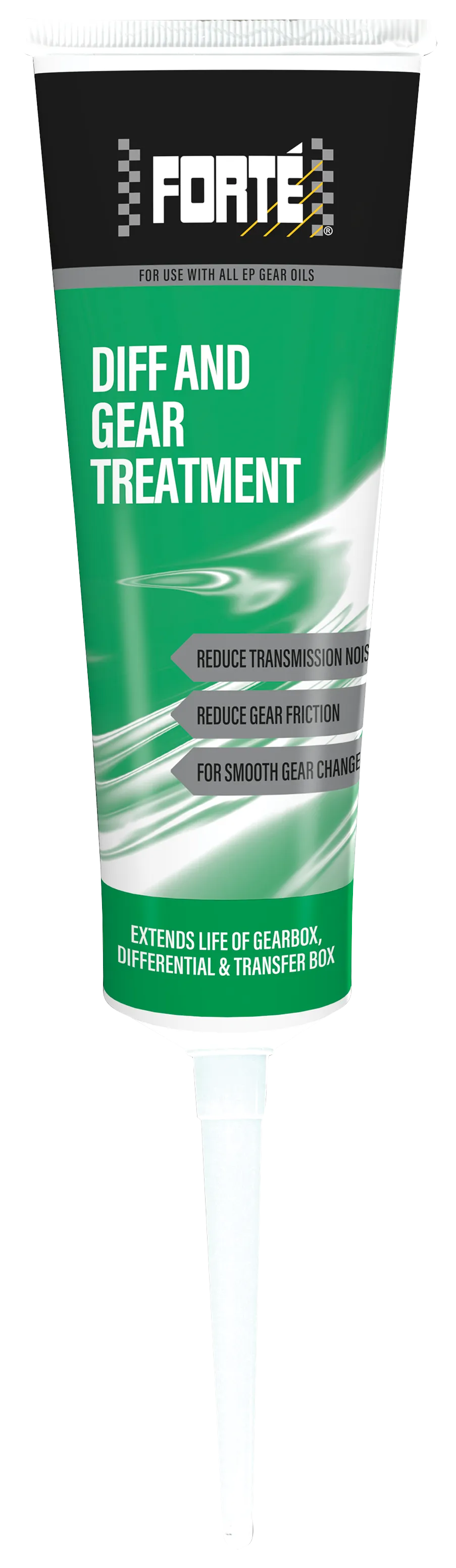 a white tube of Forté Diff and Gear Treatment with a green and white label and a white lid. The product is designed to provide various benefits to gearboxes and differentials in automotive and industrial equipment