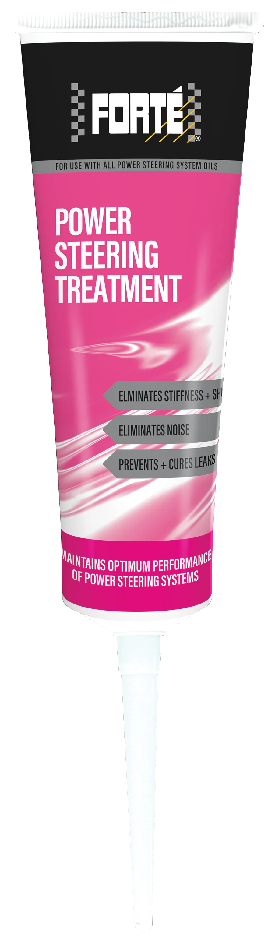 An image of Forté Power Steering Treatment, a white bottle with a pink label and white writing, and a white lid. The treatment is formulated to enhance the performance of fluids used in power assisted steering systems. It eliminates stiffness, shudder, and noise, prevents oil leaks, and provides smoother operation. It also maintains the performance of the power assisted steering pump and load-bearing components by stabilizing the fluid