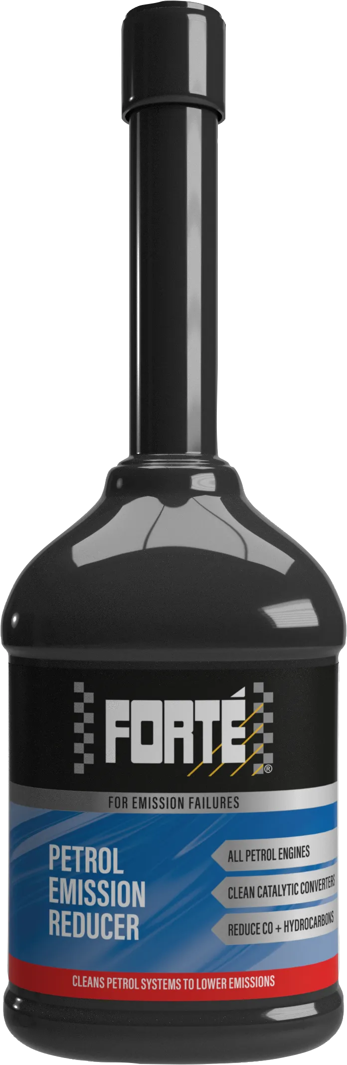The image shows a black bottle with a blue label and a black lid of Forté Petrol Emission Reducer. The product is specifically designed to reduce exhaust emissions quickly and help vehicles pass the latest emissions test. The product contains polyetheramine (PEA) which helps to remove stubborn internal deposits from the fuel system, combustion chamber, and exhaust system