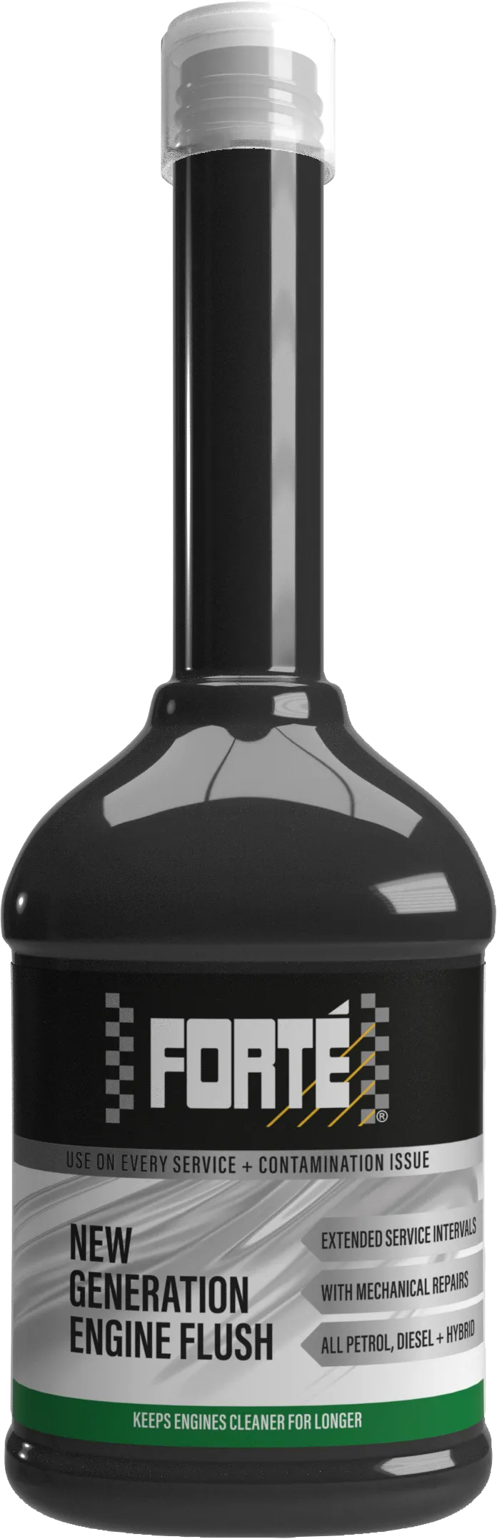 The black bottle with a green and grey label and grey lid contains Forté New Generation Engine Flush. This engine flush contains a blend of cleaning agents, dispersants, and anti-wear agents that can effectively clean and emulsify moisture. It is specially designed to combat contamination caused by modern high output tight tolerance engines, which are affected by biodiesel and ethanol-based fuels, as well as exhaust gas after-systems