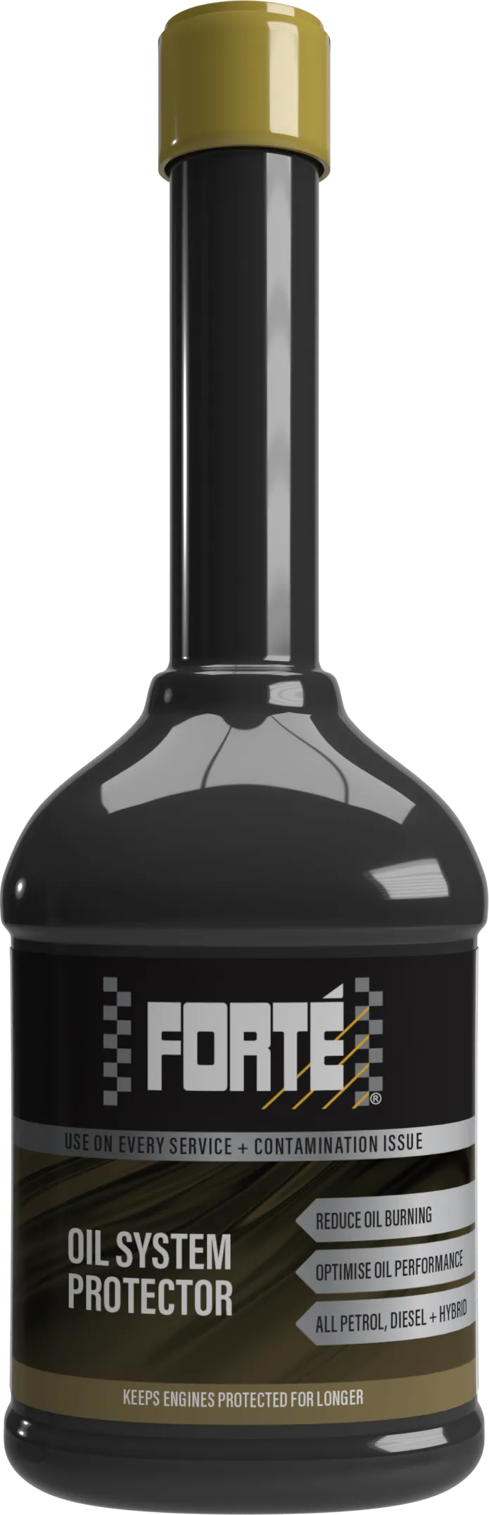 A black bottle with a gold label and gold lid, Forté Oil System Protector is a product designed to prevent contamination build-up and crankcase acids within the engine oil system. It is specially formulated to protect engines with extended oil drain periods and stop/start driving conditions, maintaining the engine oil's ability to protect and reducing wear and increasing engine efficiency