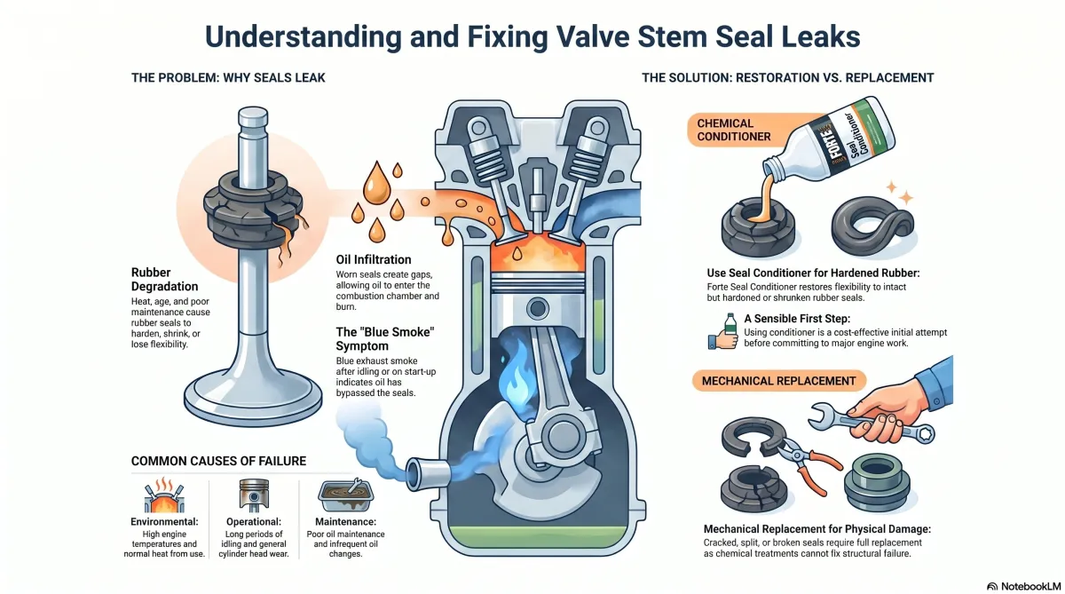 A comparison image showing an old and worn valve seal on the left and a new one on the right.
