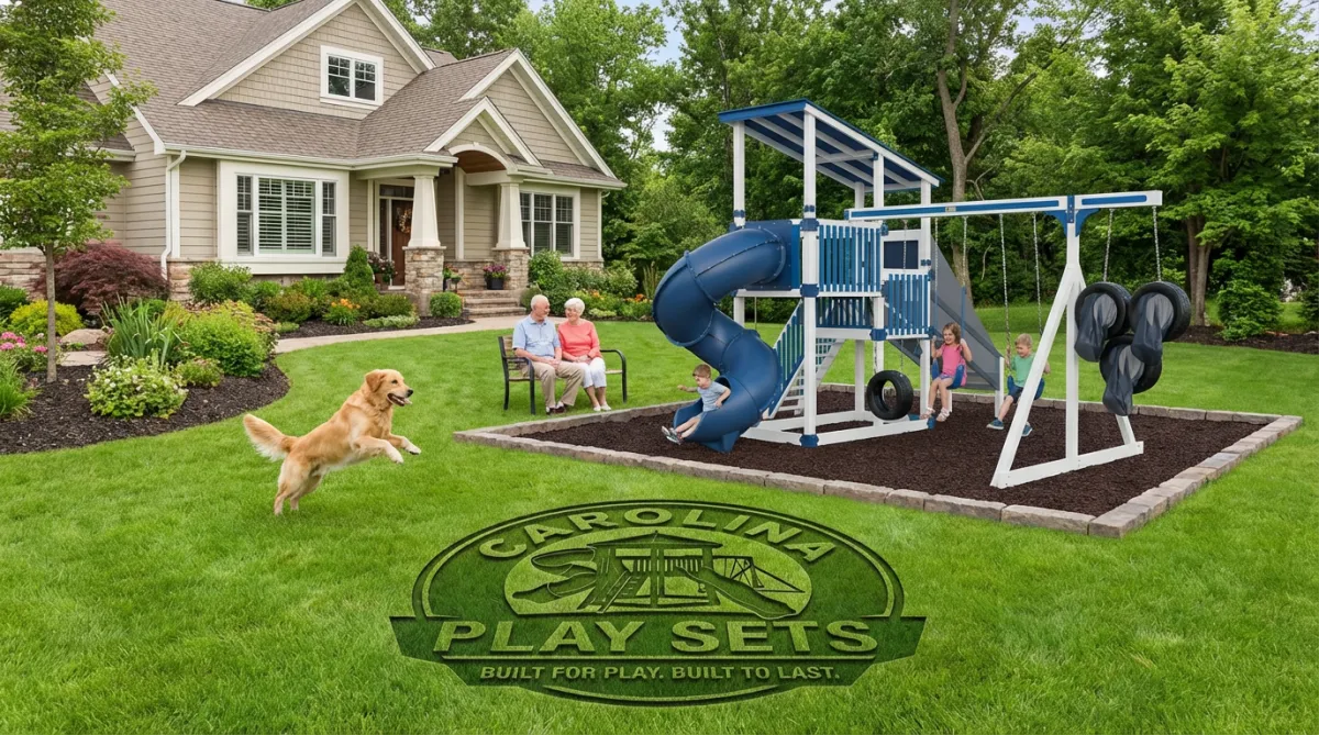 a playground with a slide and a play structure