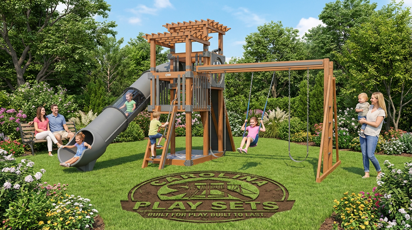 a playground with a slide and a play structure