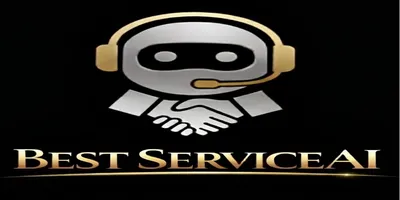 Best Service AI logo, a robot wearing a gold headset above a handshake
