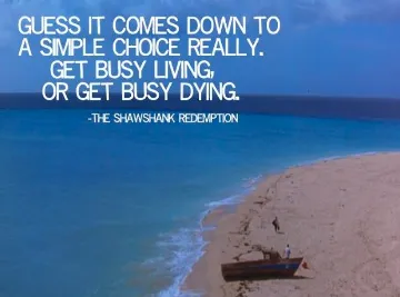 image of a beach with a boat and people walking with the text "guess it comes down to a simple choice really. get busy living, or get busy dying" - the shawshank redemption