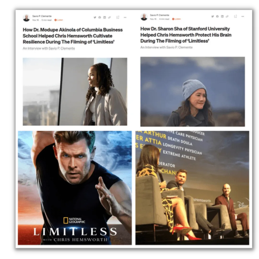 images of media articles written by Savio P. Clemente featuring Dr. Modupe Akinola and Dr. Sharon Sha and how they helped Chris Hemsworth during the filming of Limitless