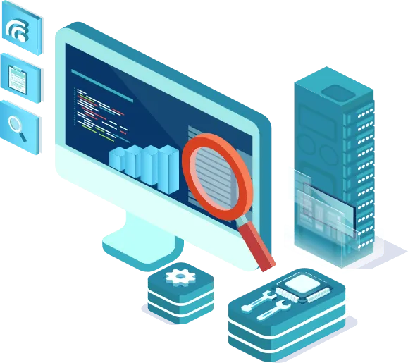 graphic image of computer monitor, a tower and tools, teal and blue