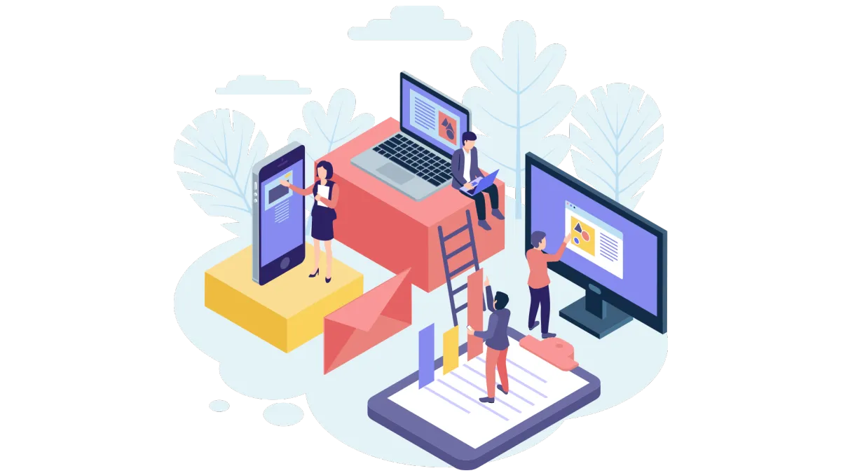 Future Ready Consulting graphic showing people editing messages across multiple devices to customize how every location greets new callers.