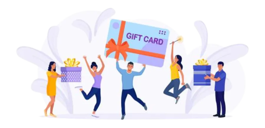Future Ready Consulting graphic showing people holding a giant branded gift card and wrapped gifts, representing seamless digital gift card sales and redemptions across channels.