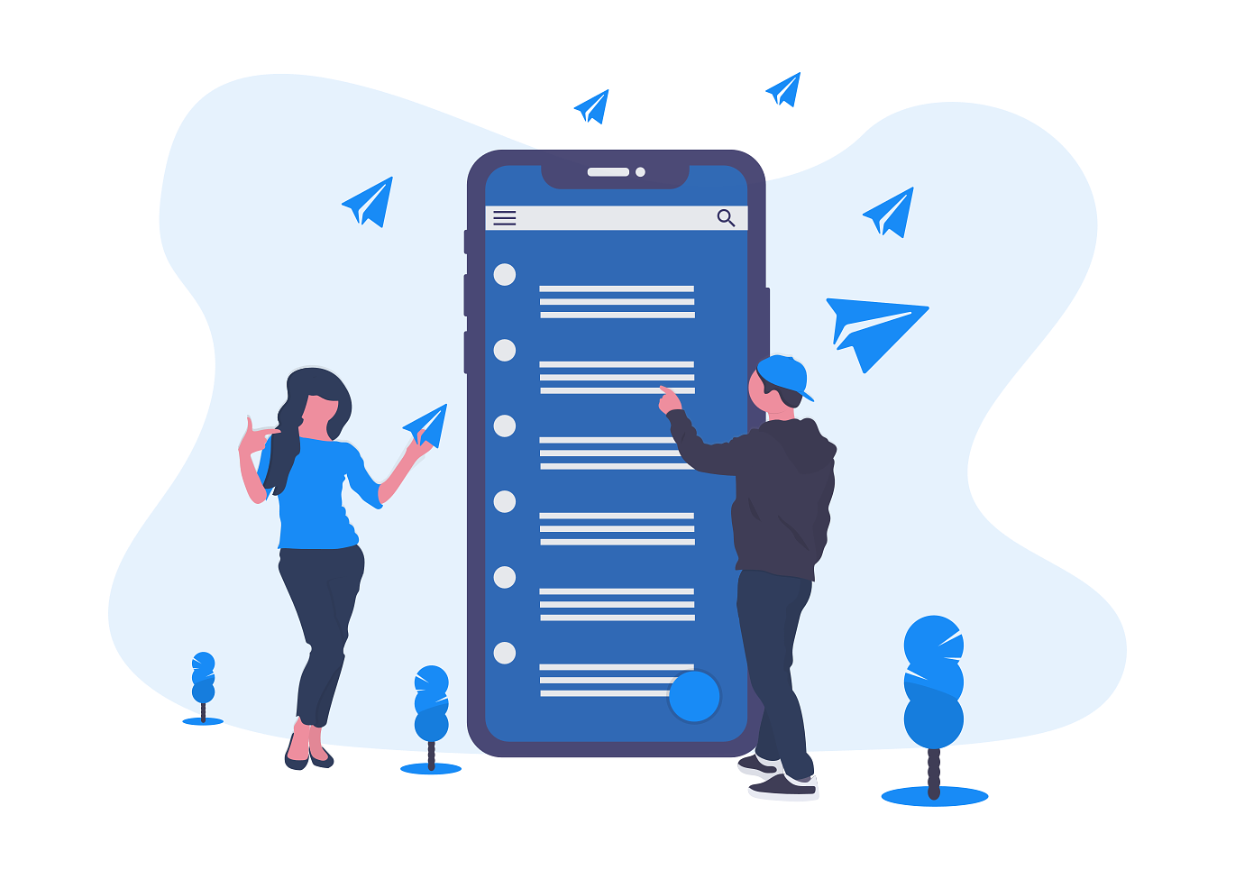 Future Ready Consulting concept art of a towering phone screen full of conversations, visualizing quick text-back responses through the mobile app.
