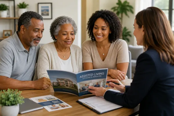 Family discussing assisted living options and senior care planning with a professional before a crisis occurs.