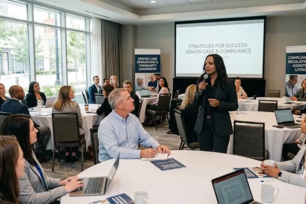 Professionals participating in an assisted living business bootcamp focused on senior care, operations, compliance, and community leadership.