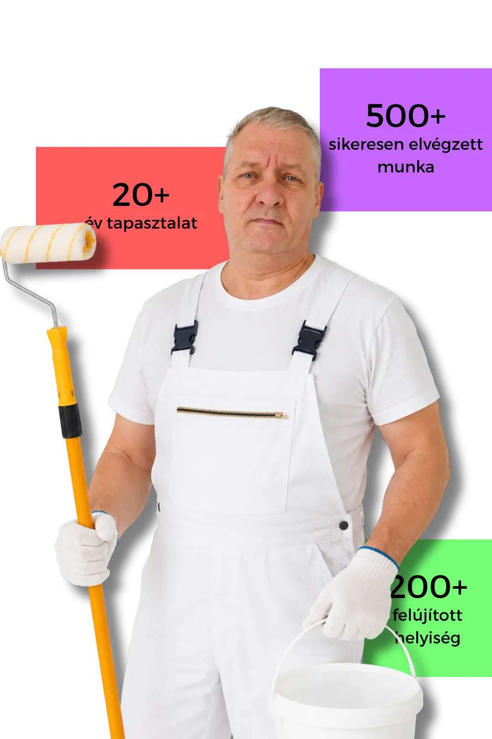 Rab János festő-mázoló precíz szobafestési munkát végez egy modern lakásban.
