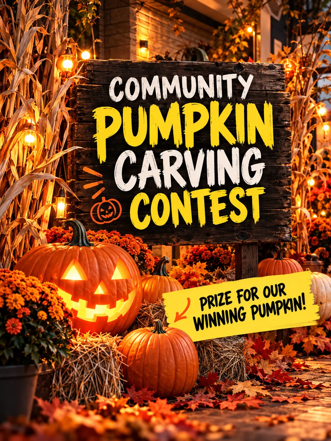 A rustic wooden sign reading 'Community Pumpkin Carving Contest' placed in a patch of glowing jack-o'-lanterns, hay bales, and fall foliage.