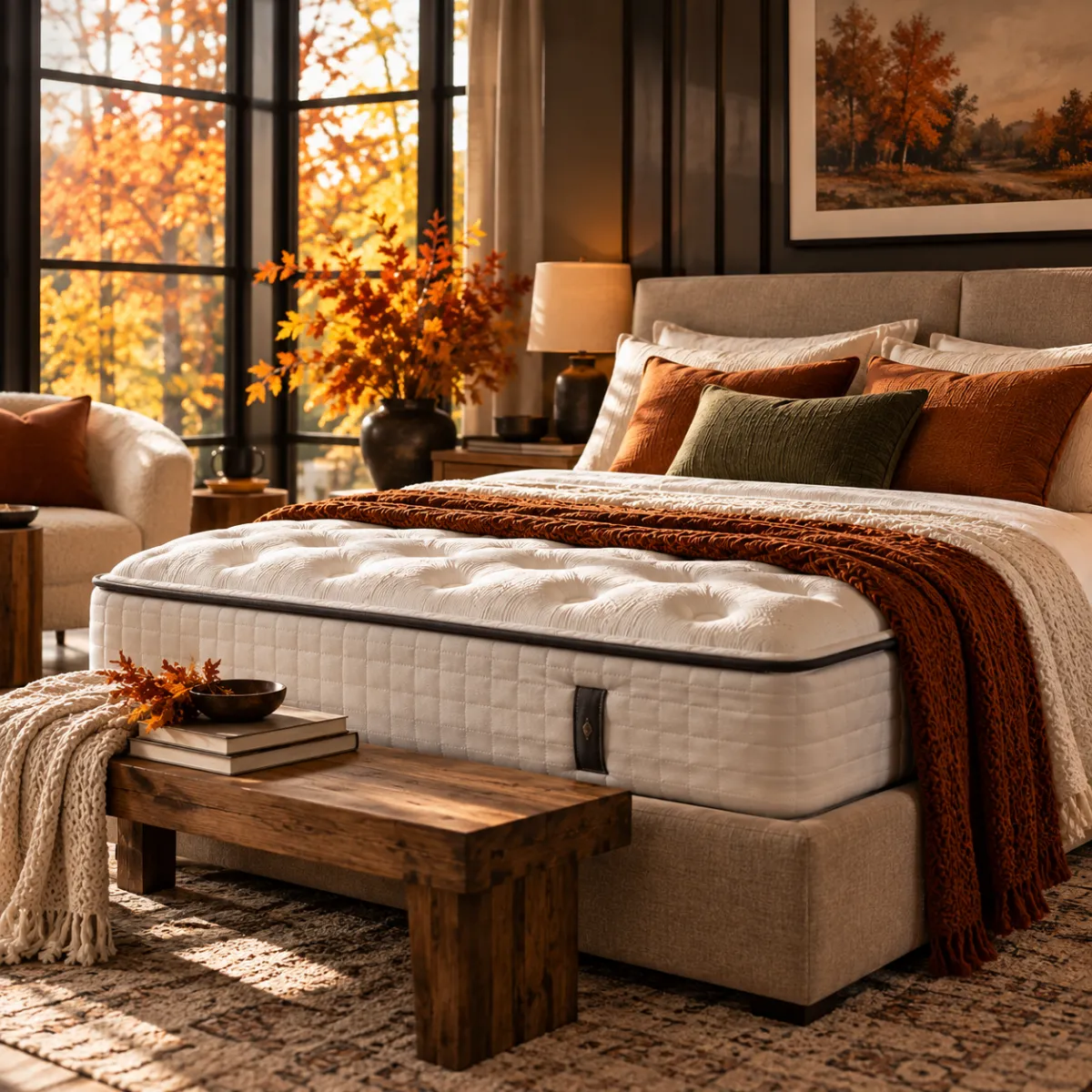 A modern, neatly made bed in a dimly lit, inviting bedroom setting.
