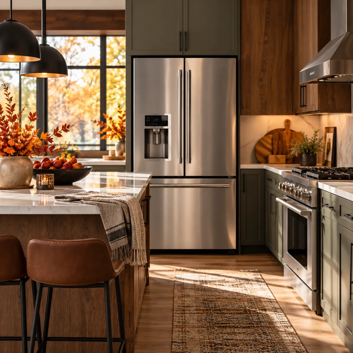 A sleek, stainless steel refrigerator and range in a modern kitchen.