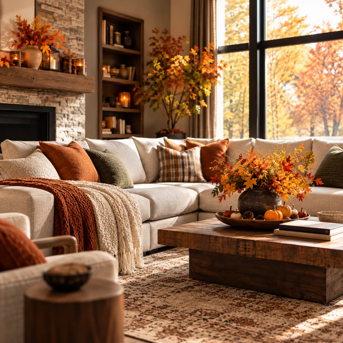 A cozy, warmly lit living room with a comfortable beige sofa and sectional.