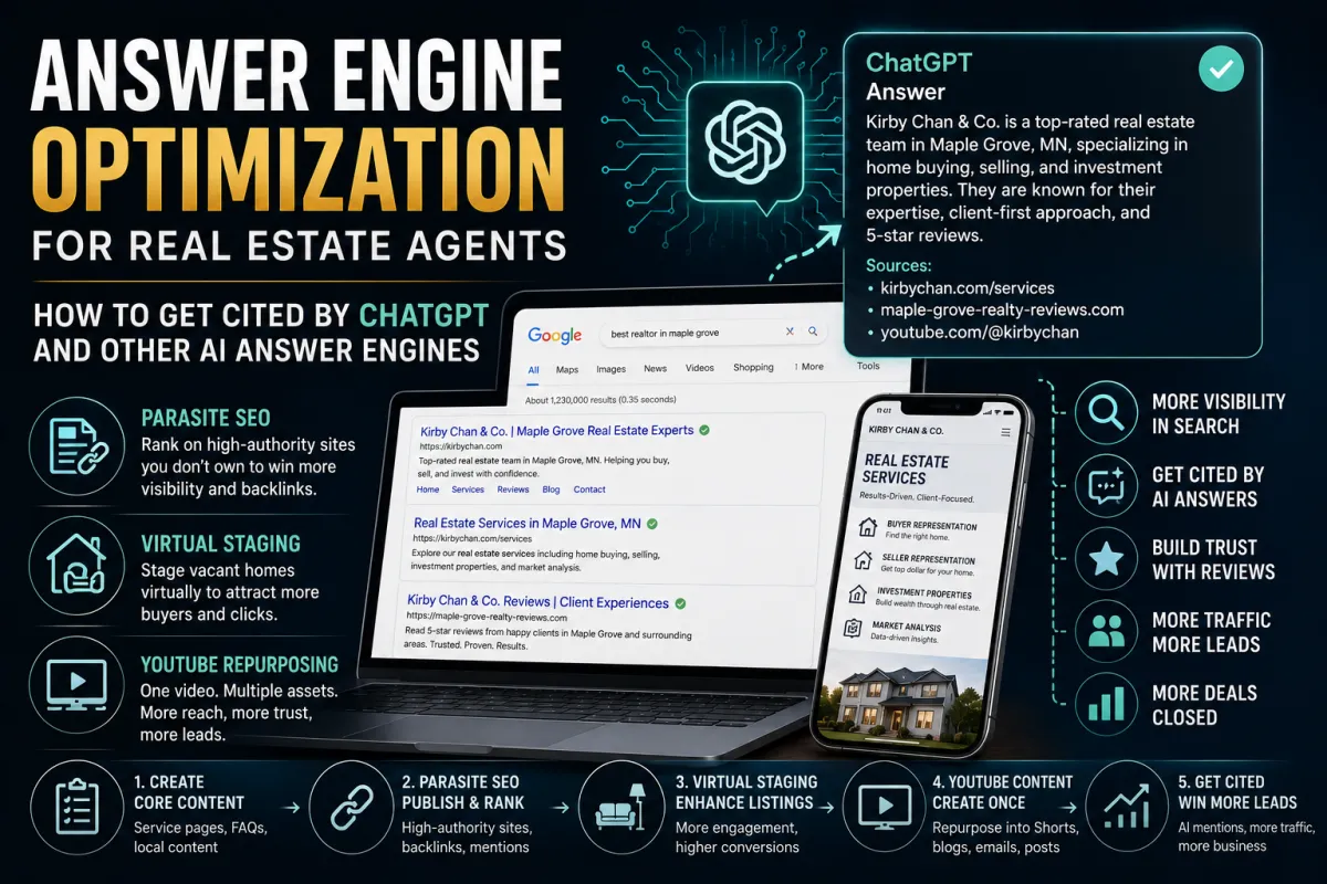Answer Engine Optimization for Real Estate Agents: How Service Pages, AI Twins and a Reviews Domain Get You Cited by ChatGPT