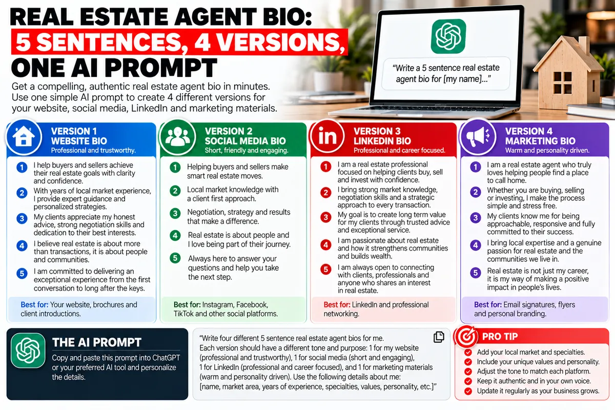 Real Estate Agent Bio: 5 Sentences, 4 Versions, One AI Prompt