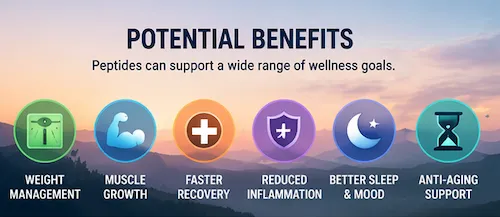 Medical infographic explaining peptide therapy, benefits, and safety considerations