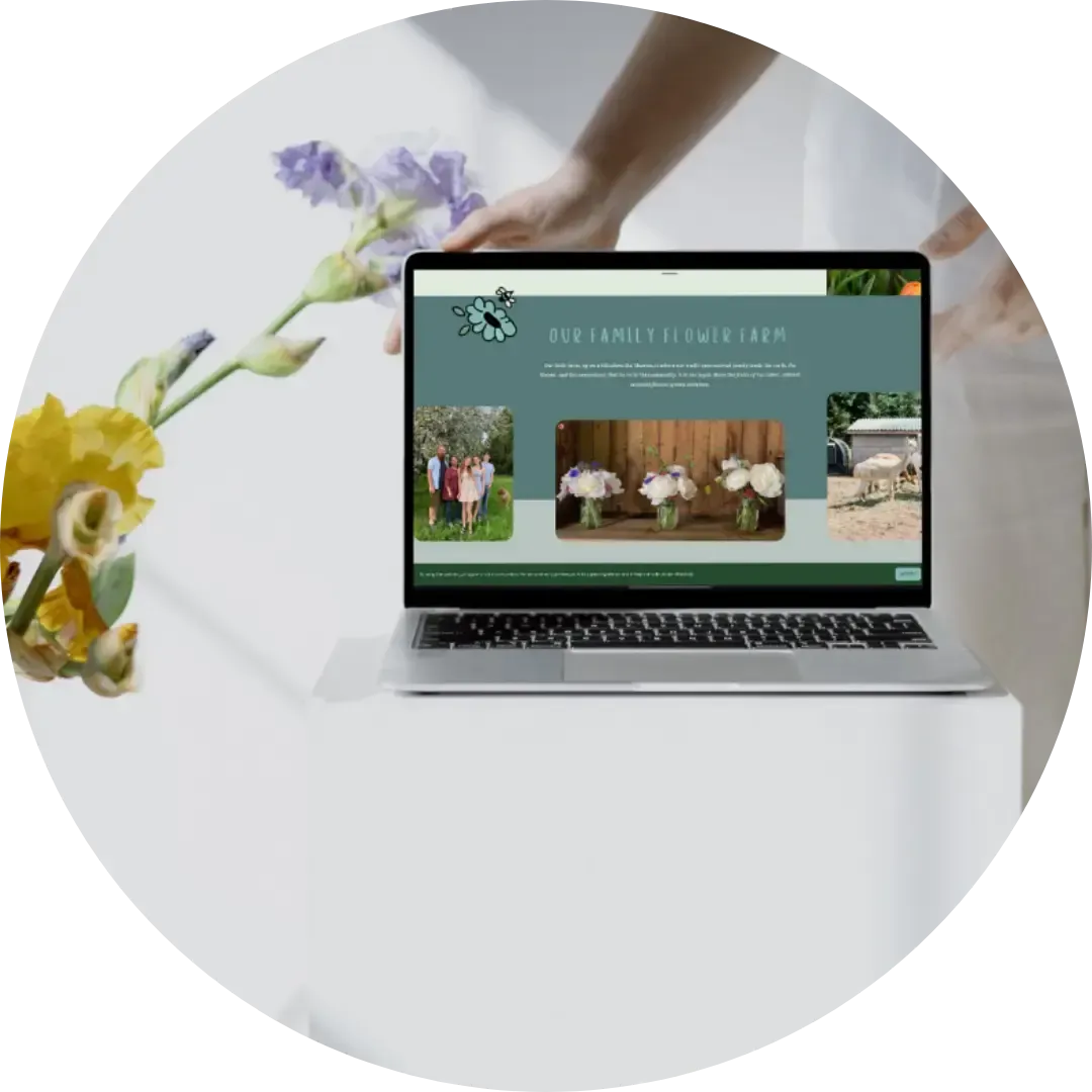 Website design mockup for The Wandering Bee Flower Farm showing floral images and a green color scheme by La Vida Design.