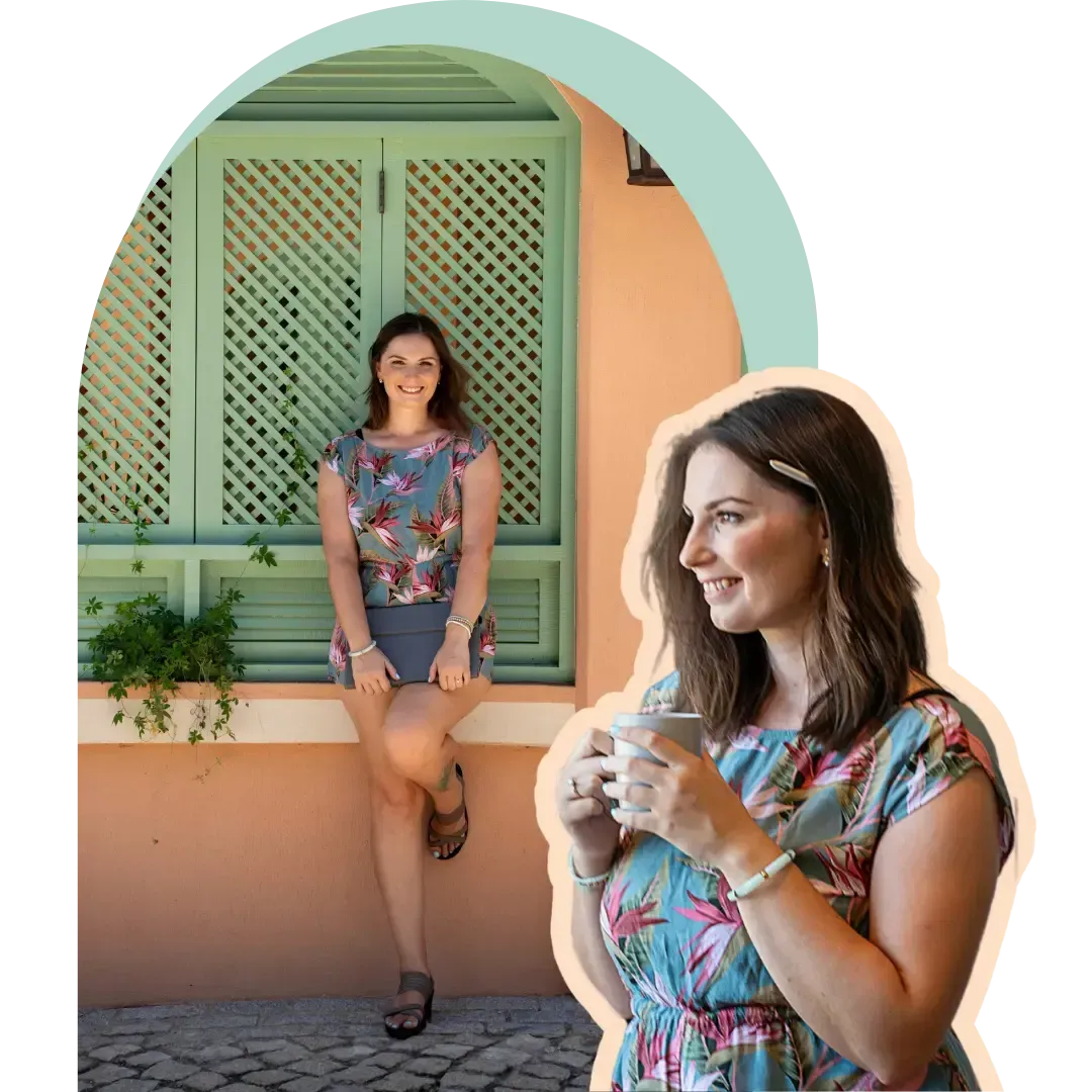 Owner and lead designer of La Vida Design, holding a coffee cup in front of a green shuttered window with tropical decor.