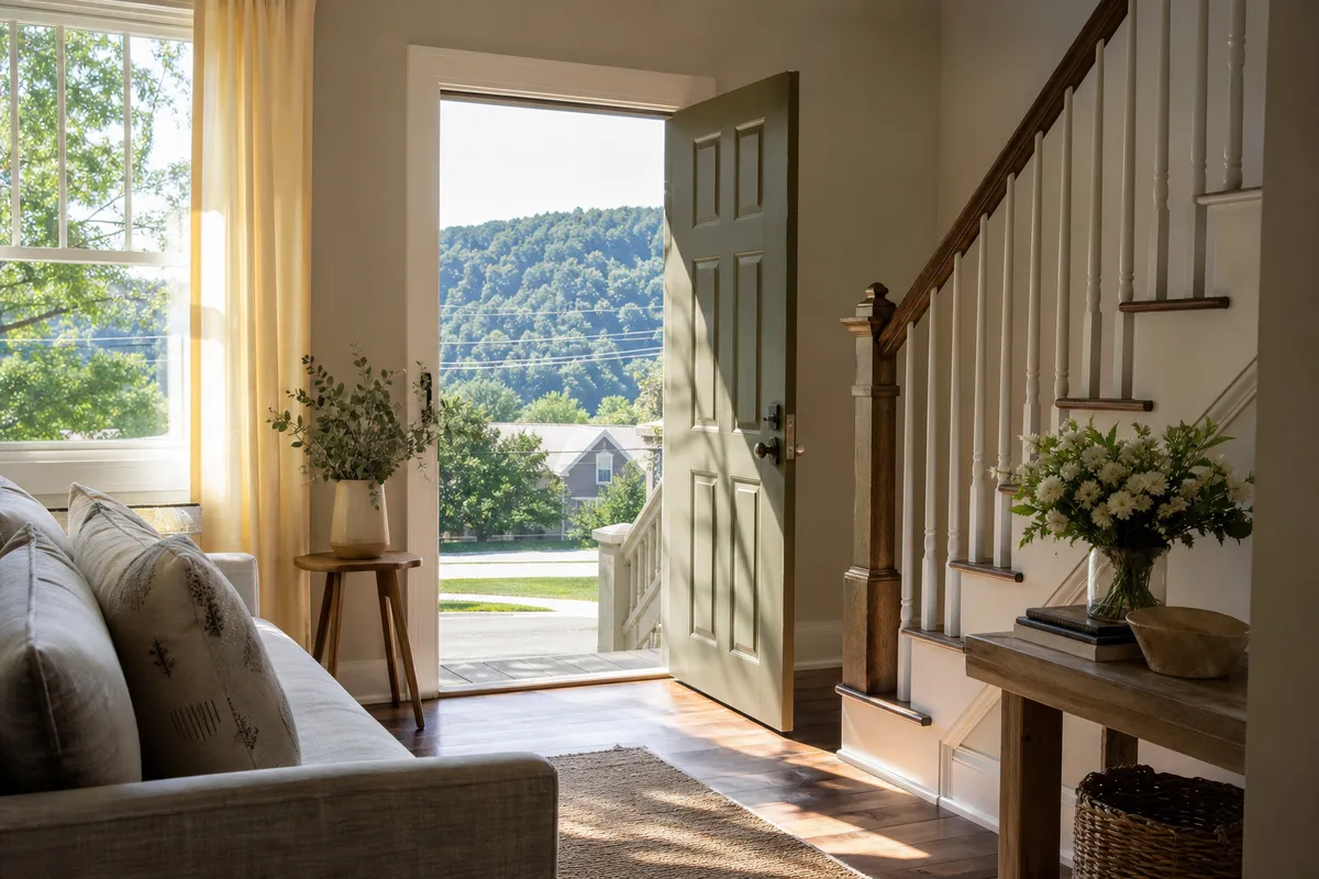 house looking out the front door to a hill