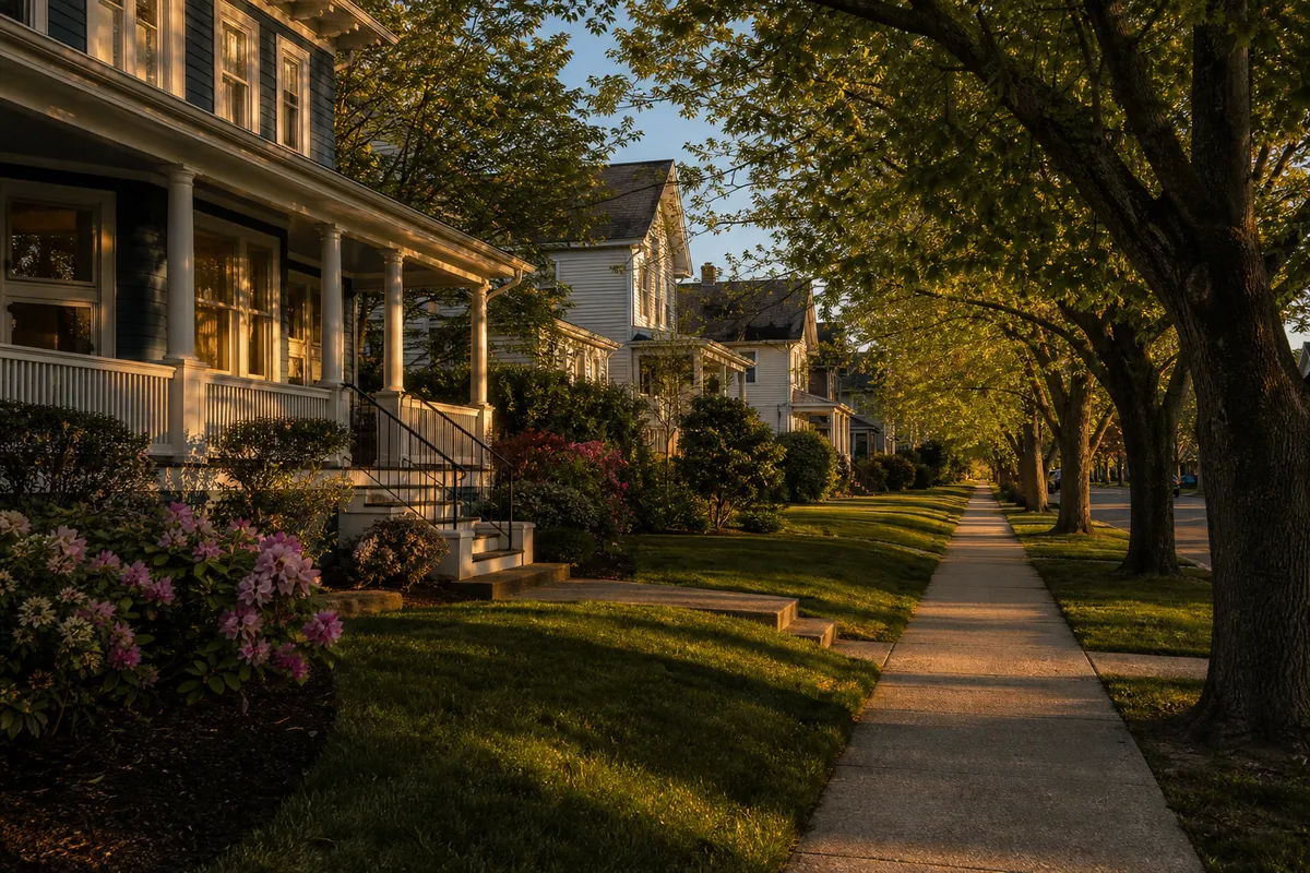 Tree-lined sidewalk past front porches of suburban homes at golden hour, Rockaway Borough NJ neighborhood