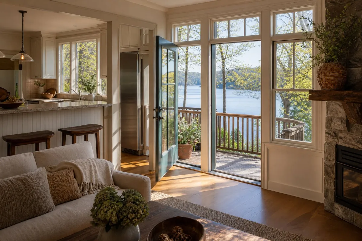 Bright living room with open French doors leading to a deck overlooking a lake, staged and ready for buyers