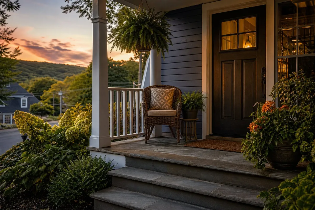 Covered front porch with a rocking chair and flower planters on a quiet street at sunset