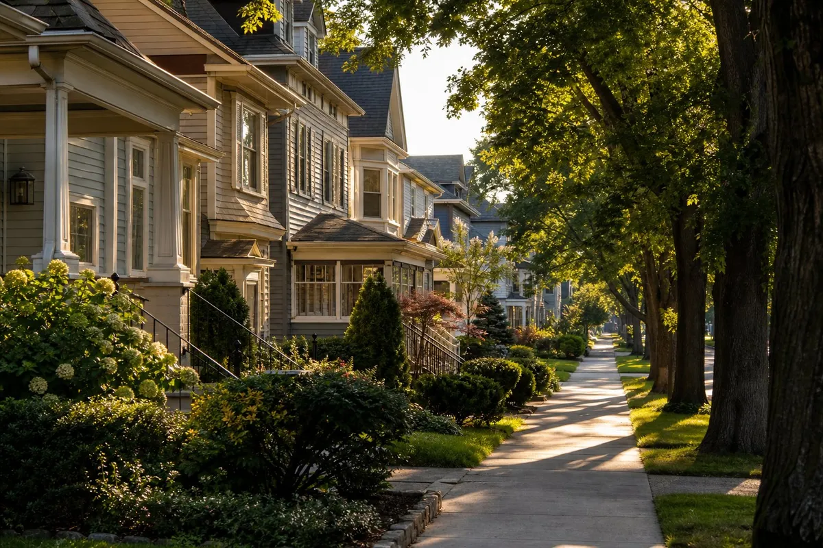 Tree-lined sidewalk along a row of older homes with front porches on a sunny afternoon