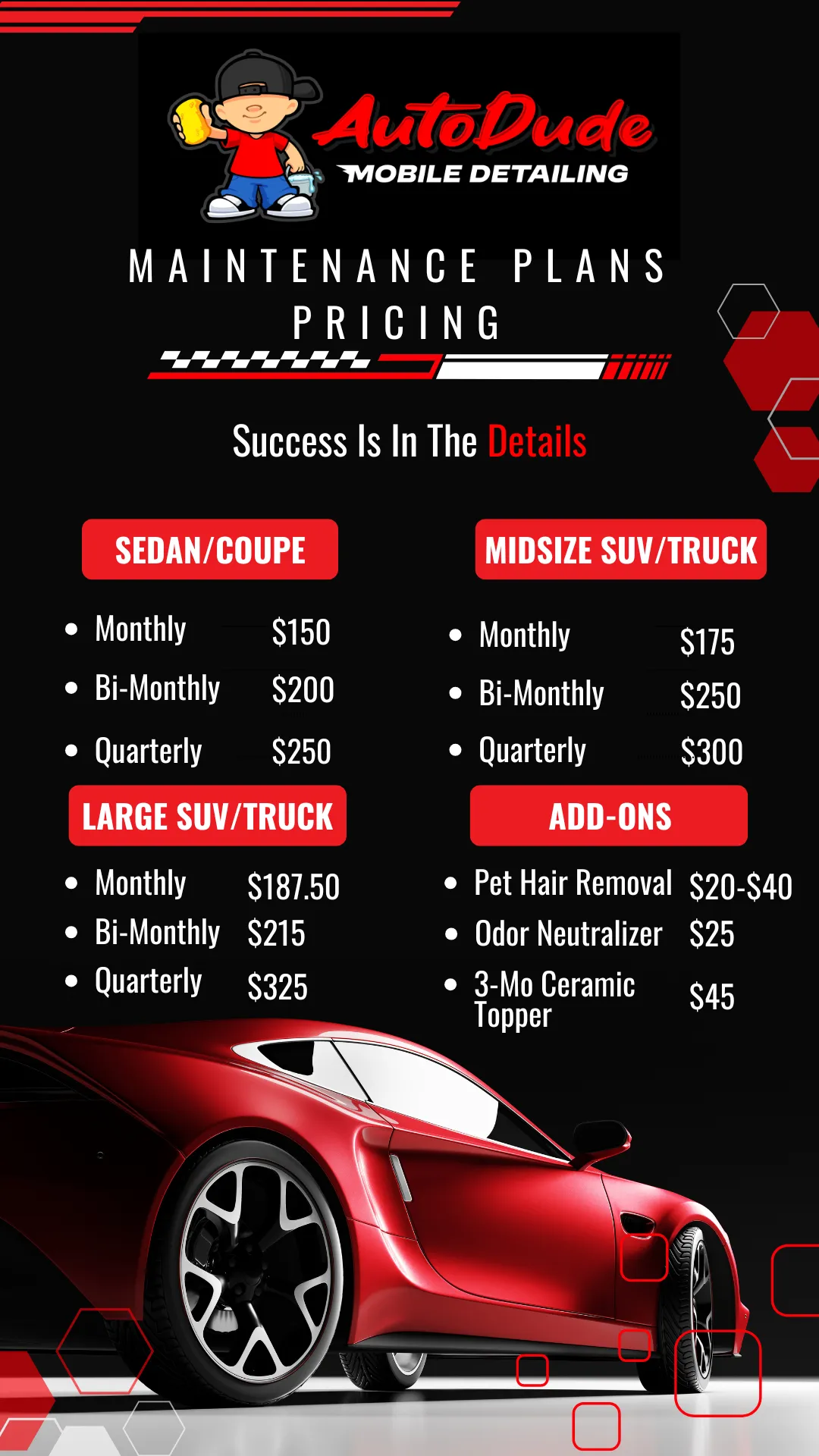 mainteance auto detail plans pricing chart