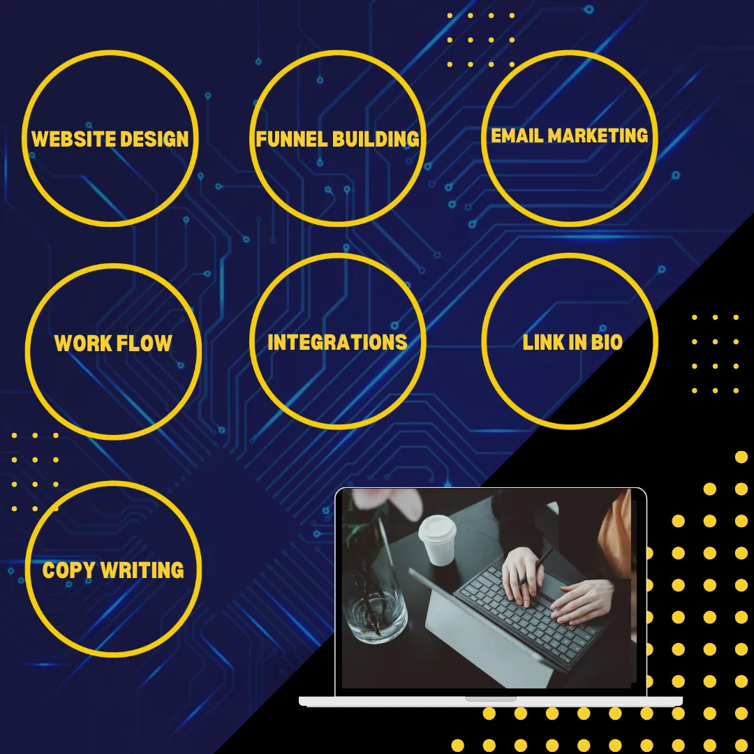 website design funnel building email maketing workflow integrations link in bio copy writing