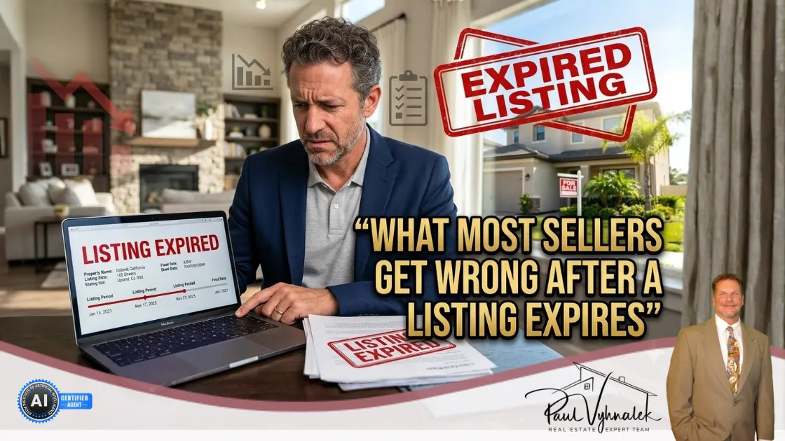 Expired listing blog cover showing a concerned homeowner reviewing listing paperwork on a laptop, with bold text about common mistakes sellers make after a home listing expires.